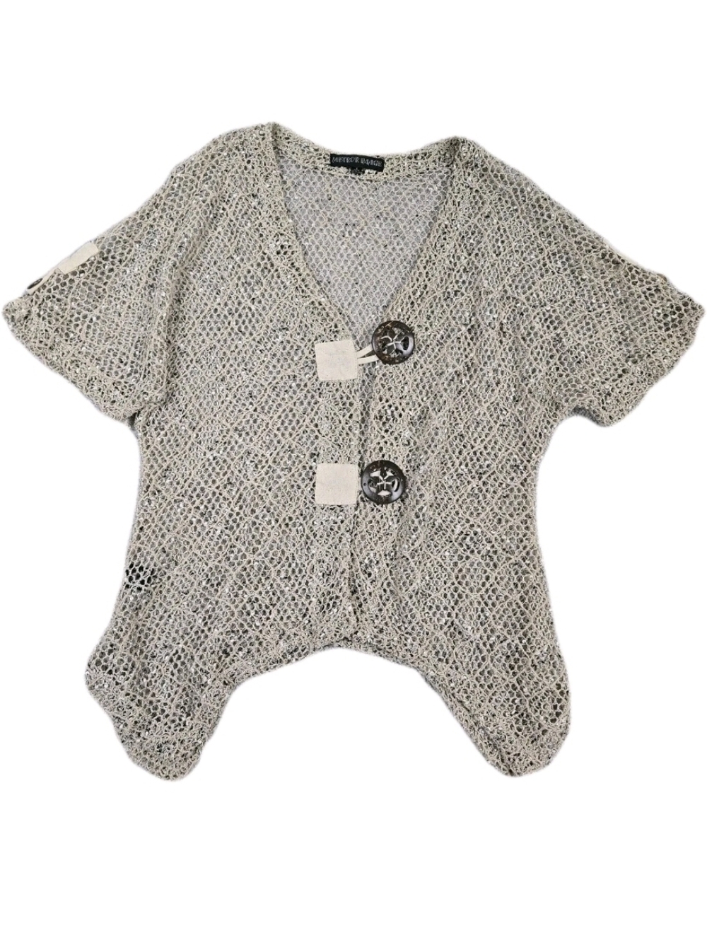 Open Crochet Boho Top Wood Button Front Lagenlook Layering Asymmetric Festival
